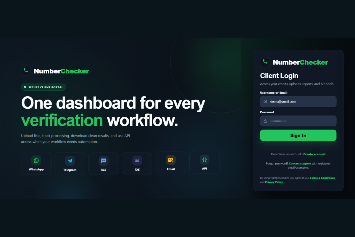 NumberChecker.Cloud dashboard for bulk WhatsApp, phone and email verification